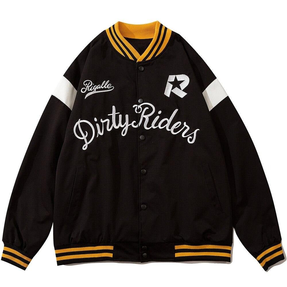 Men's baseball jacket featuring star letter embroidery and patchwork design in black and white colors.