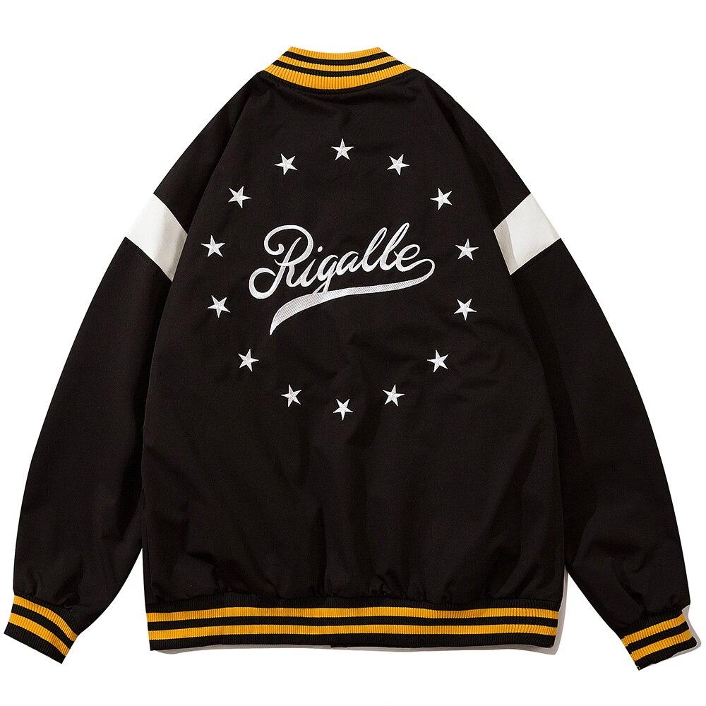 Men's baseball jacket featuring star letter embroidery and patchwork design in black and white colors.