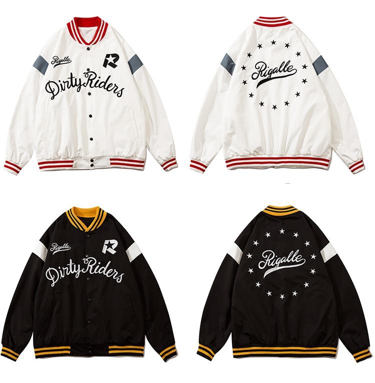 Men's baseball jacket featuring star letter embroidery and patchwork design in black and white colors.