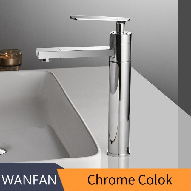 Brass bathroom faucet with a swivel spout and chrome finish, designed for vessel sinks.