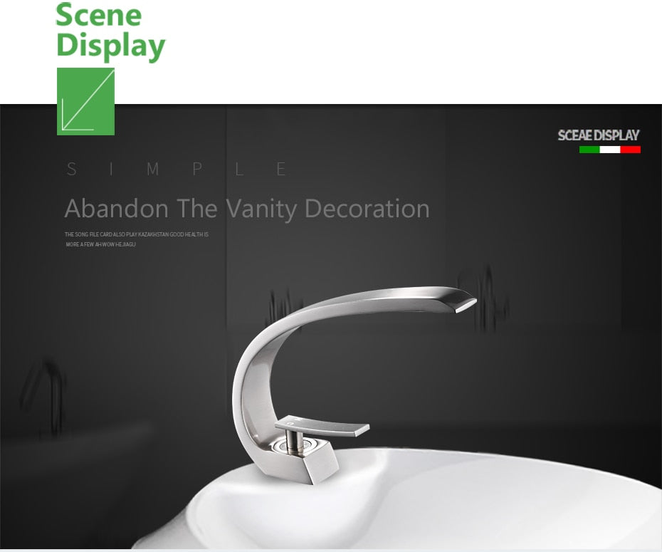 Modern brass basin faucet with single handle and sleek design, available in chrome, brushed nickel, and black finishes.