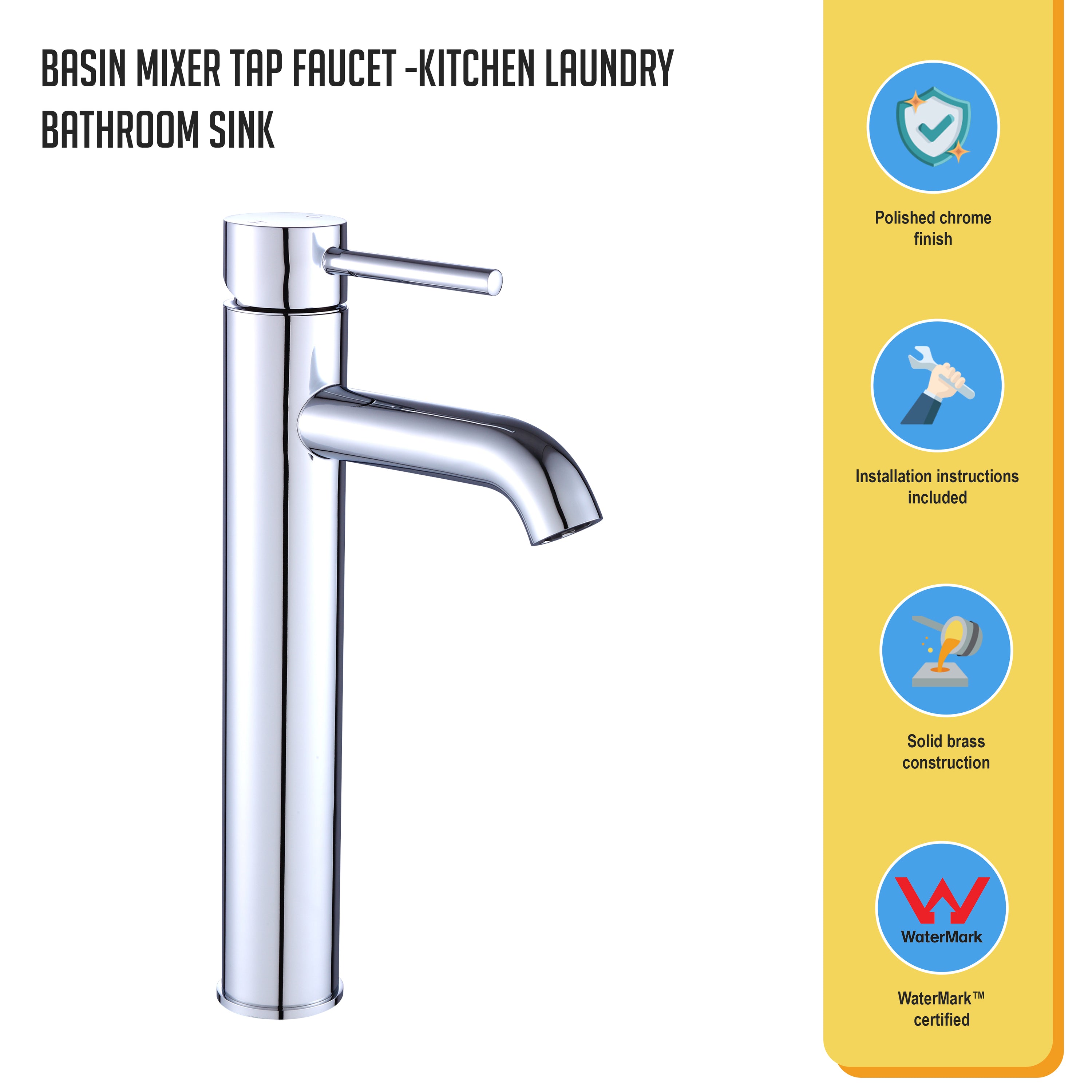 Della Francesca Basin Mixer Tap Faucet in polished chrome finish, showcasing its modern design and solid brass construction.