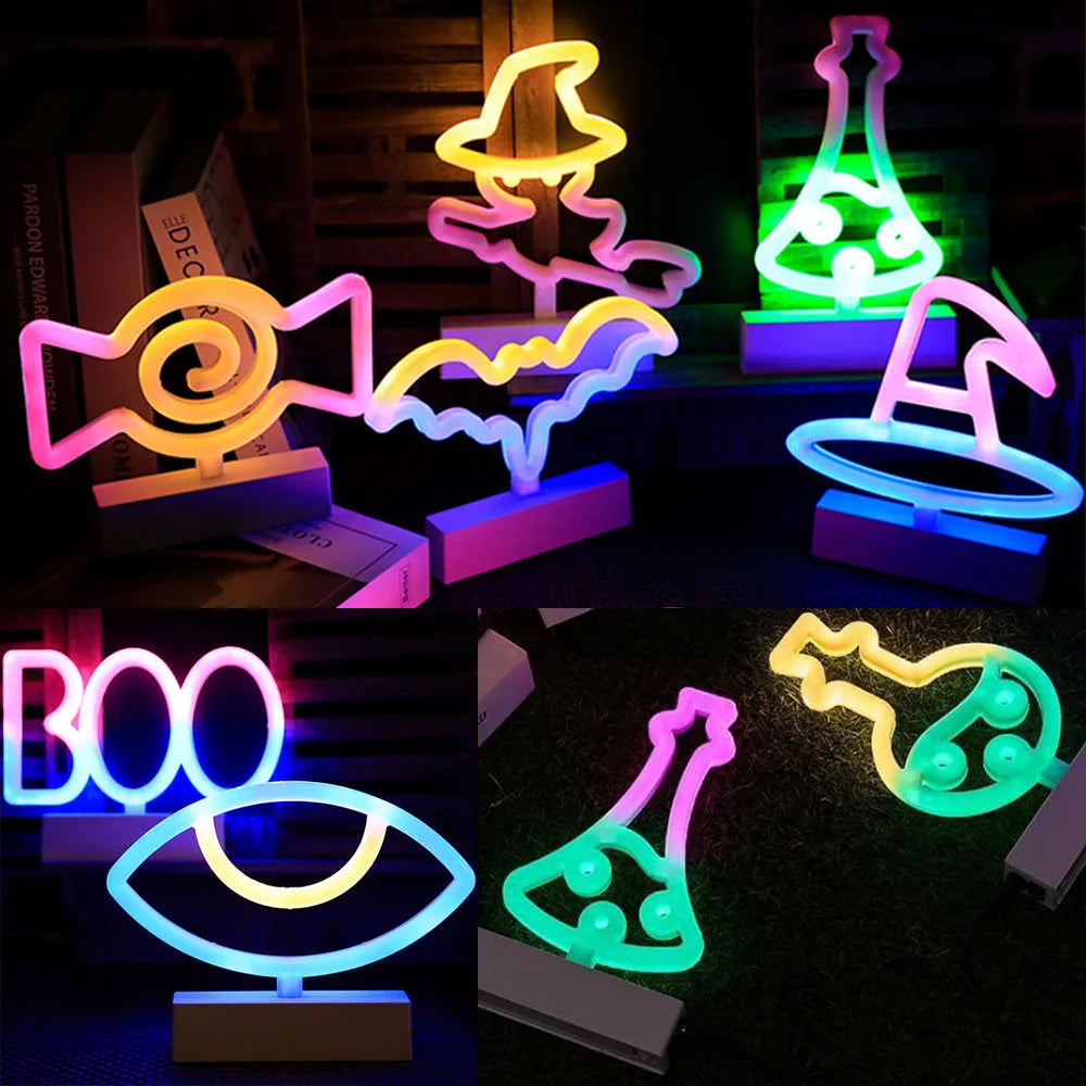 Battery Powered USB LED Neon Night Lights Sign featuring a bat design, perfect for Halloween and festive decor.