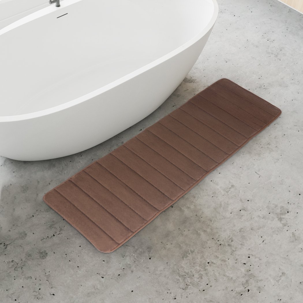 Thick and soft anti-slip bathroom shower mat in coffee color, featuring coral fleece surface and memory foam interlayer for comfort and safety.