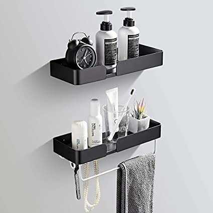 Bathroom 2-Tier Shelves Shower Caddy in black stainless steel, showcasing its sleek design and adjustable height features.