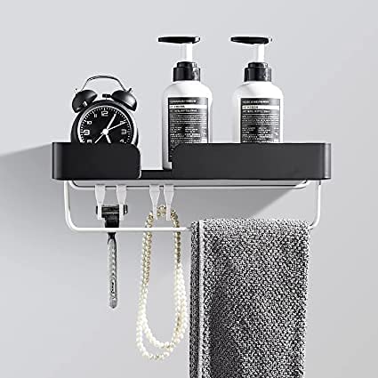 Bathroom 2-Tier Shelves Shower Caddy in black stainless steel, showcasing its sleek design and adjustable height features.