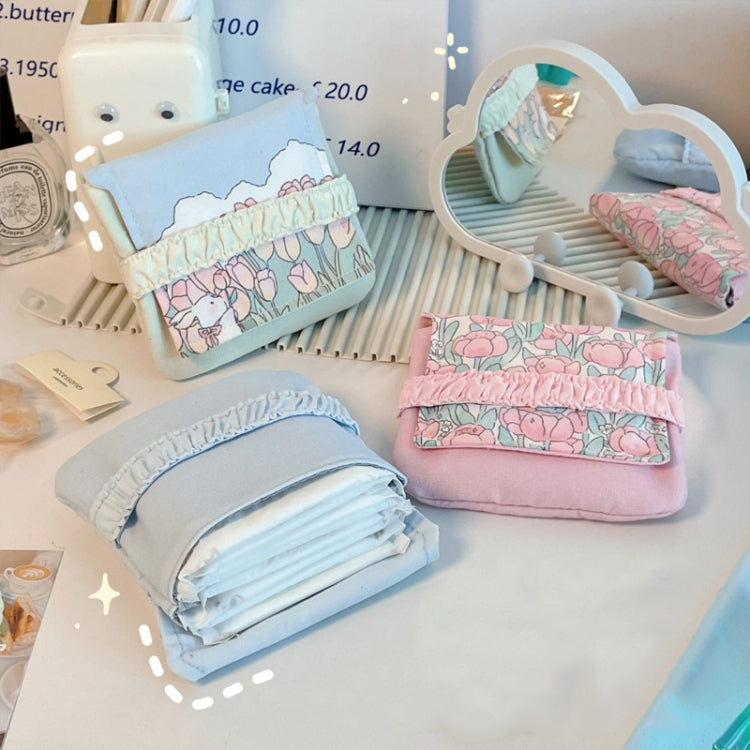 Two pink cartoon pattern large capacity sanitary storage bags made of suede and cotton lining, showcasing a cute design.