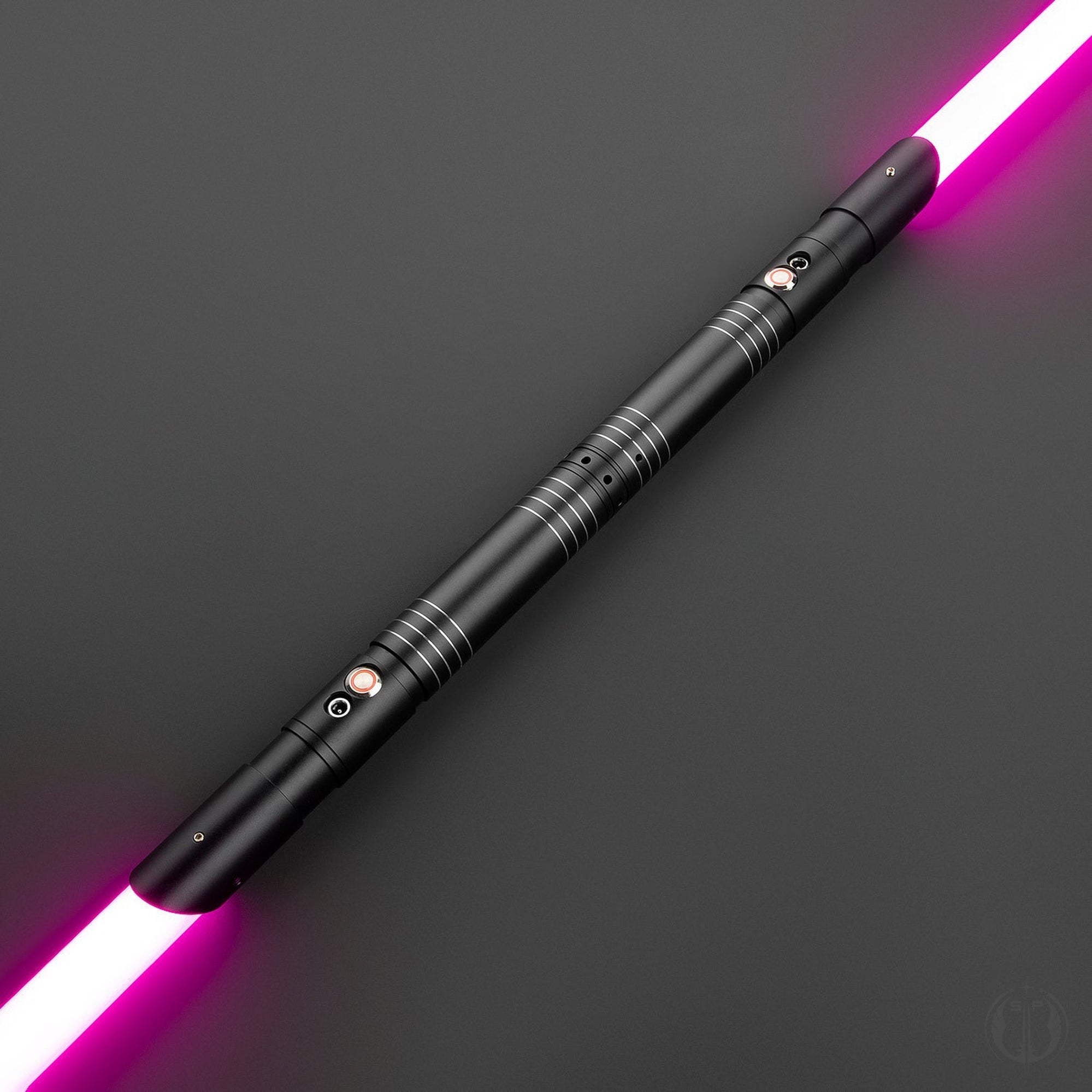 The Beast dual saber featuring a sleek design with T6 Aircraft Aluminum hilt and polycarbonate blade, showcasing sound and lighting effects.