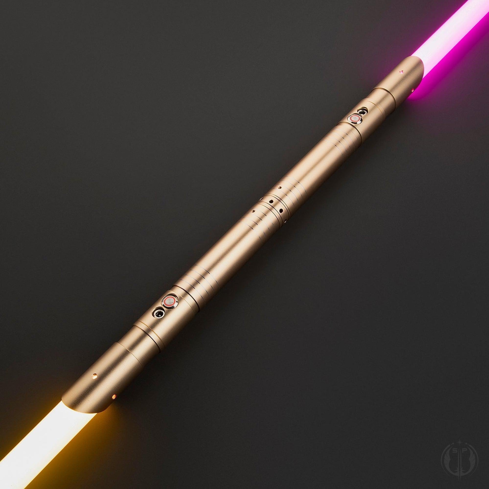 The Beast dual saber featuring a sleek design with T6 Aircraft Aluminum hilt and polycarbonate blade, showcasing sound and lighting effects.