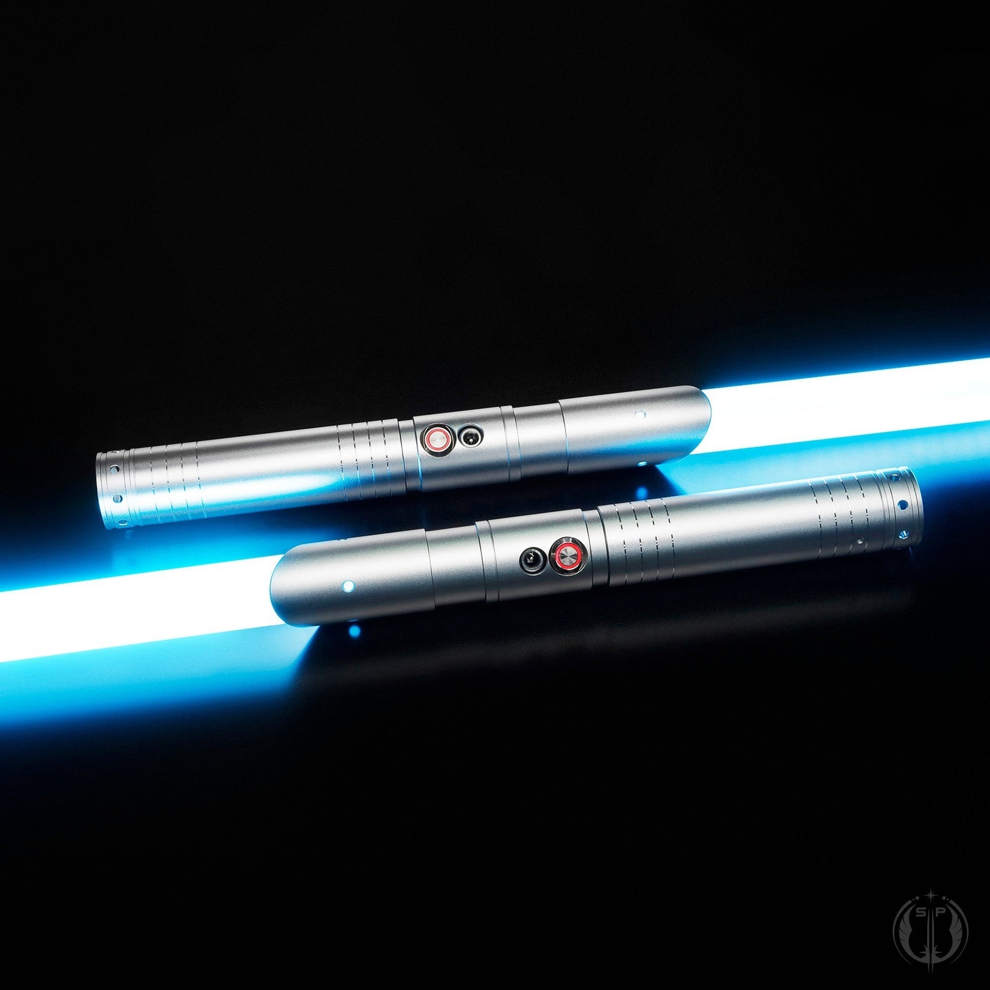 The Beast dual saber featuring a sleek design with T6 Aircraft Aluminum hilt and polycarbonate blade, showcasing sound and lighting effects.