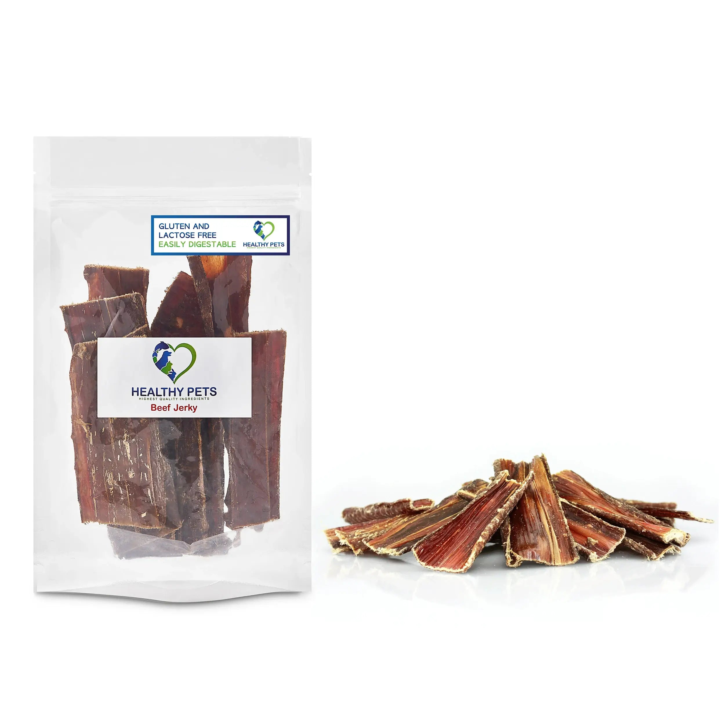 A pack of organic natural beef jerky dog treats, showcasing the chewy texture and rich color of the beef.