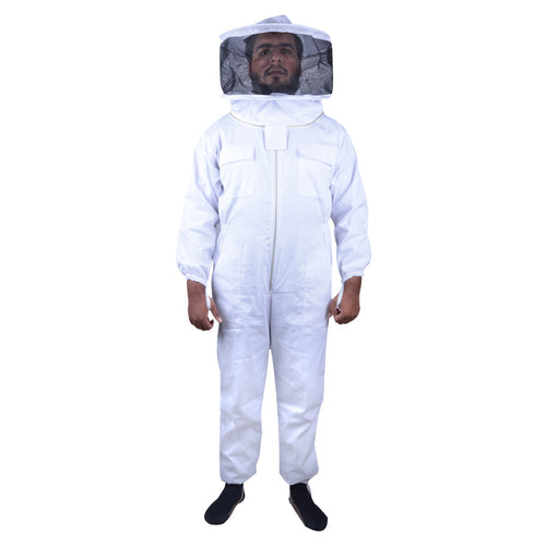 Beekeeping Bee Full Suit in cotton with round head veil, designed for full body protection and comfort while working with bees.