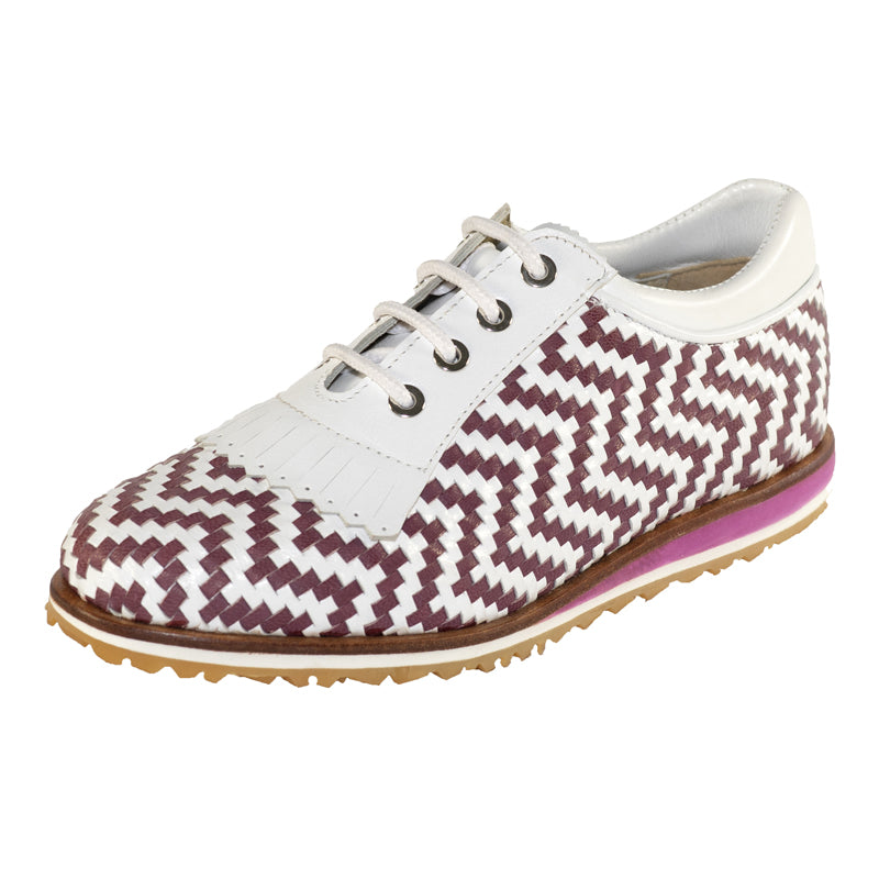 Bellagio Wine/White Golf Shoes, handcrafted with braided goatskin uppers and calfskin lining, showcasing premium quality and comfort.