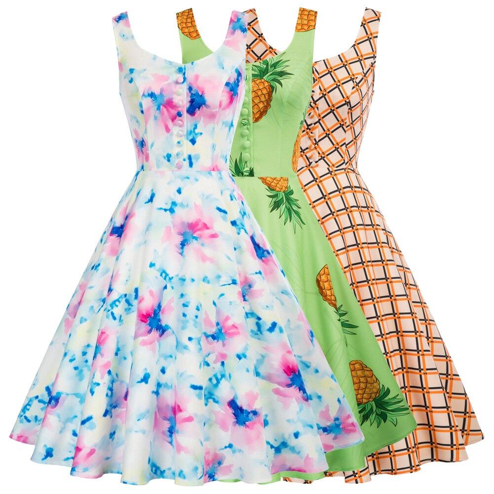 Belle Poque vintage pineapple pattern dress featuring a sleeveless design and knee-length A-line silhouette, perfect for summer outings.