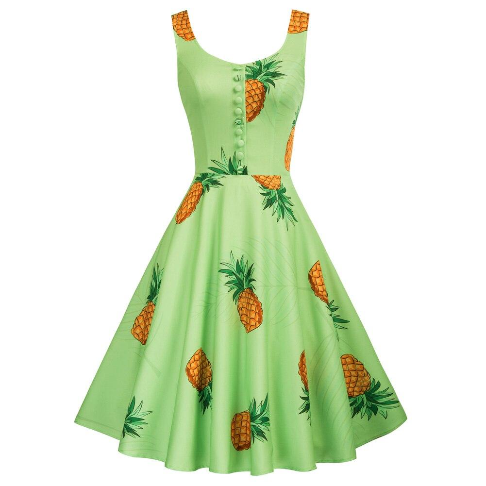 Belle Poque vintage pineapple pattern dress featuring a sleeveless design and knee-length A-line silhouette, perfect for summer outings.