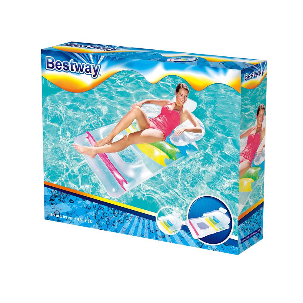 Bestway Inflatable Float Lounge in vibrant colors, featuring headrest and armrests, perfect for poolside relaxation.