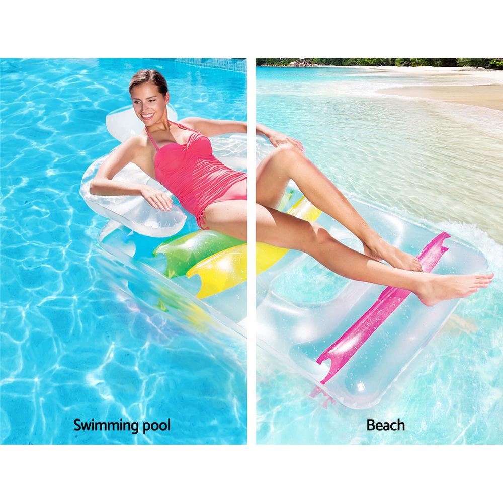 Bestway Inflatable Float Lounge in vibrant colors, featuring headrest and armrests, perfect for poolside relaxation.