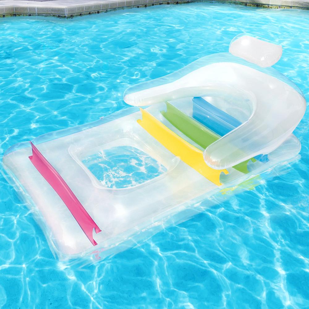 Bestway Inflatable Float Lounge in vibrant colors, featuring headrest and armrests, perfect for poolside relaxation.