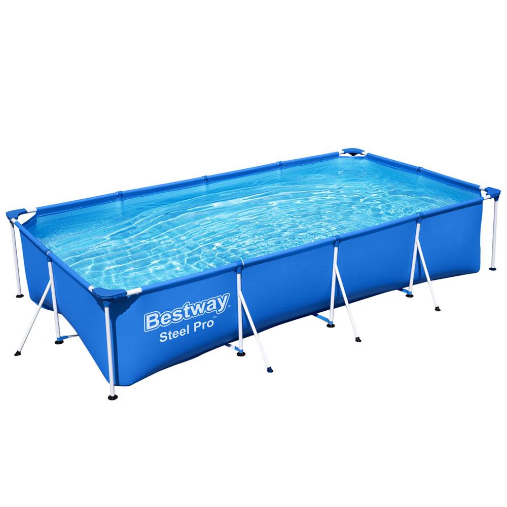 Bestway Steel Pro™ Frame Pool with heavy-duty PVC walls and corrosion-resistant metal frame, set up in a backyard.