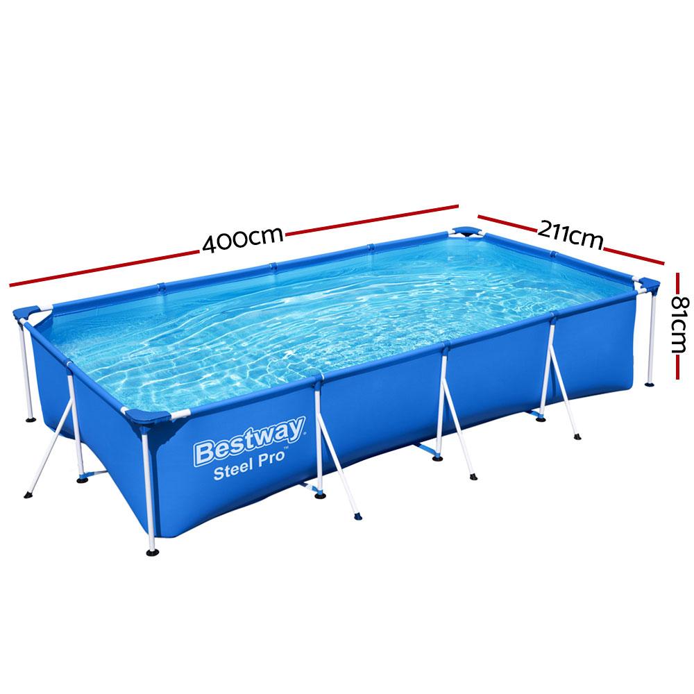 Bestway Steel Pro™ Frame Pool with heavy-duty PVC walls and corrosion-resistant metal frame, set up in a backyard.