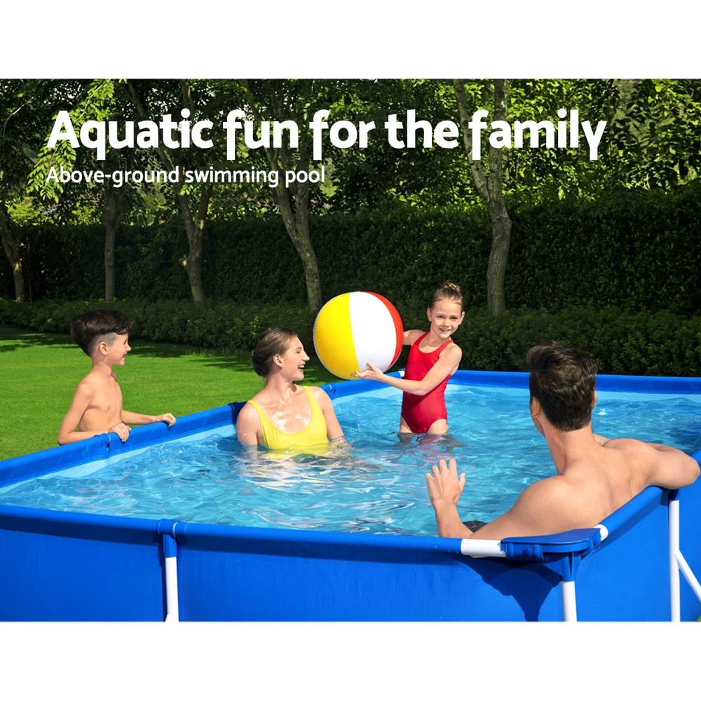 Bestway Steel Pro™ Frame Pool with heavy-duty PVC walls and corrosion-resistant metal frame, set up in a backyard.