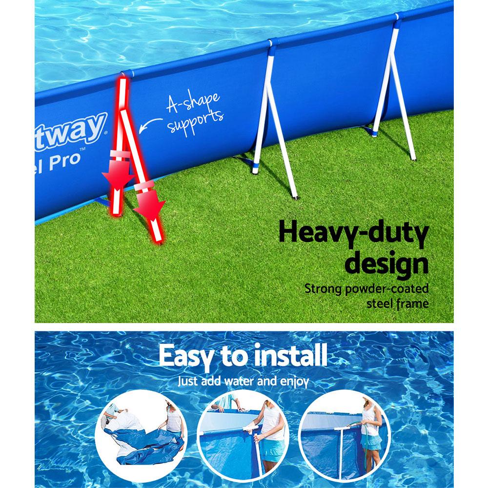 Bestway Steel Pro™ Frame Pool with heavy-duty PVC walls and corrosion-resistant metal frame, set up in a backyard.