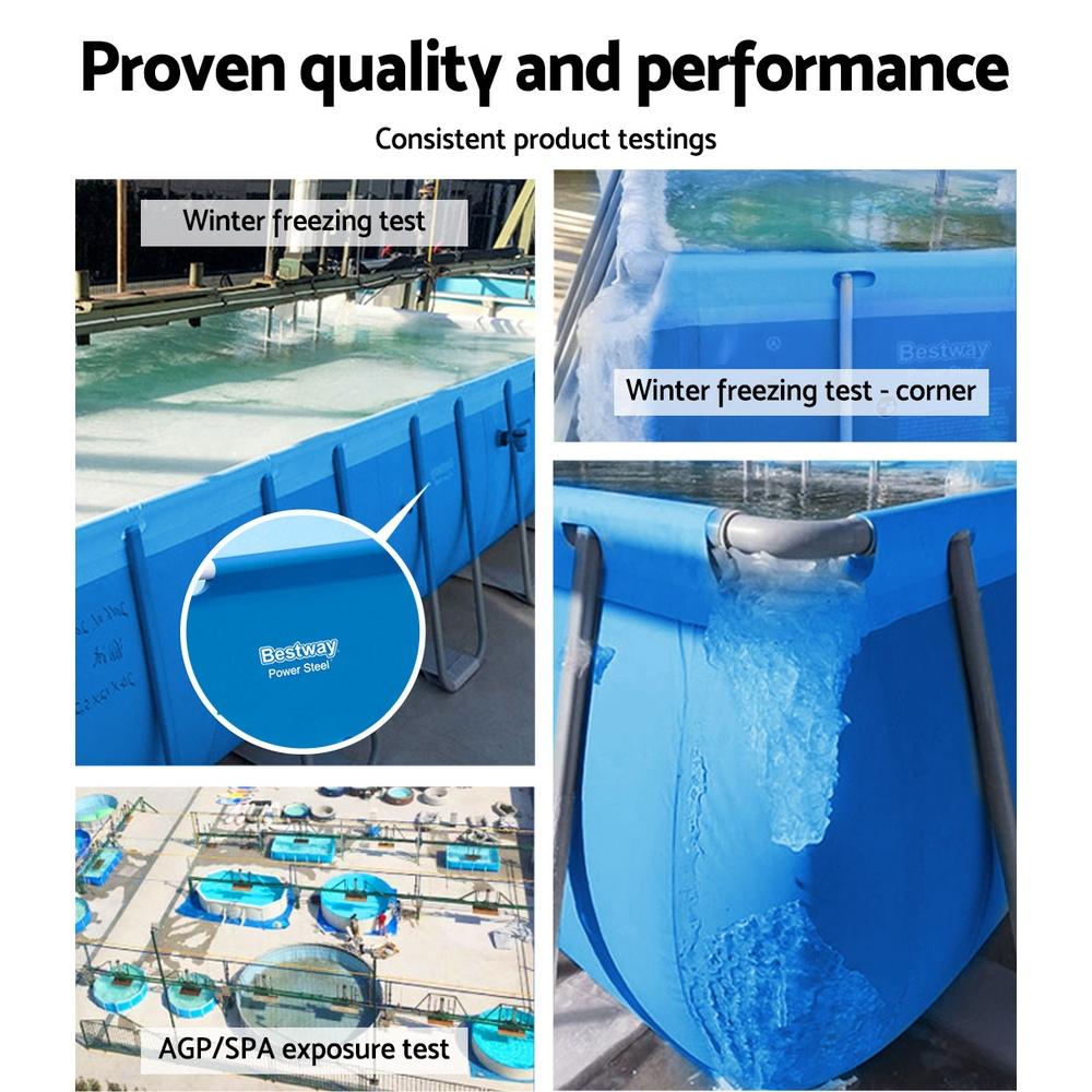 Bestway Steel Pro™ Frame Pool with heavy-duty PVC walls and corrosion-resistant metal frame, set up in a backyard.