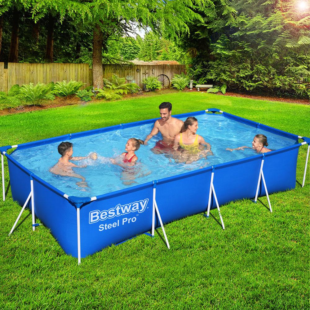 Bestway Steel Pro™ Frame Pool with heavy-duty PVC walls and corrosion-resistant metal frame, set up in a backyard.