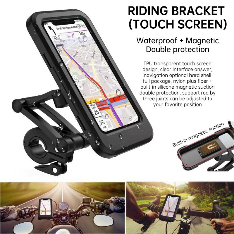 A waterproof bicycle mobile phone bracket securely holding a smartphone on a bike handlebar, showcasing its sturdy design and adjustable features.