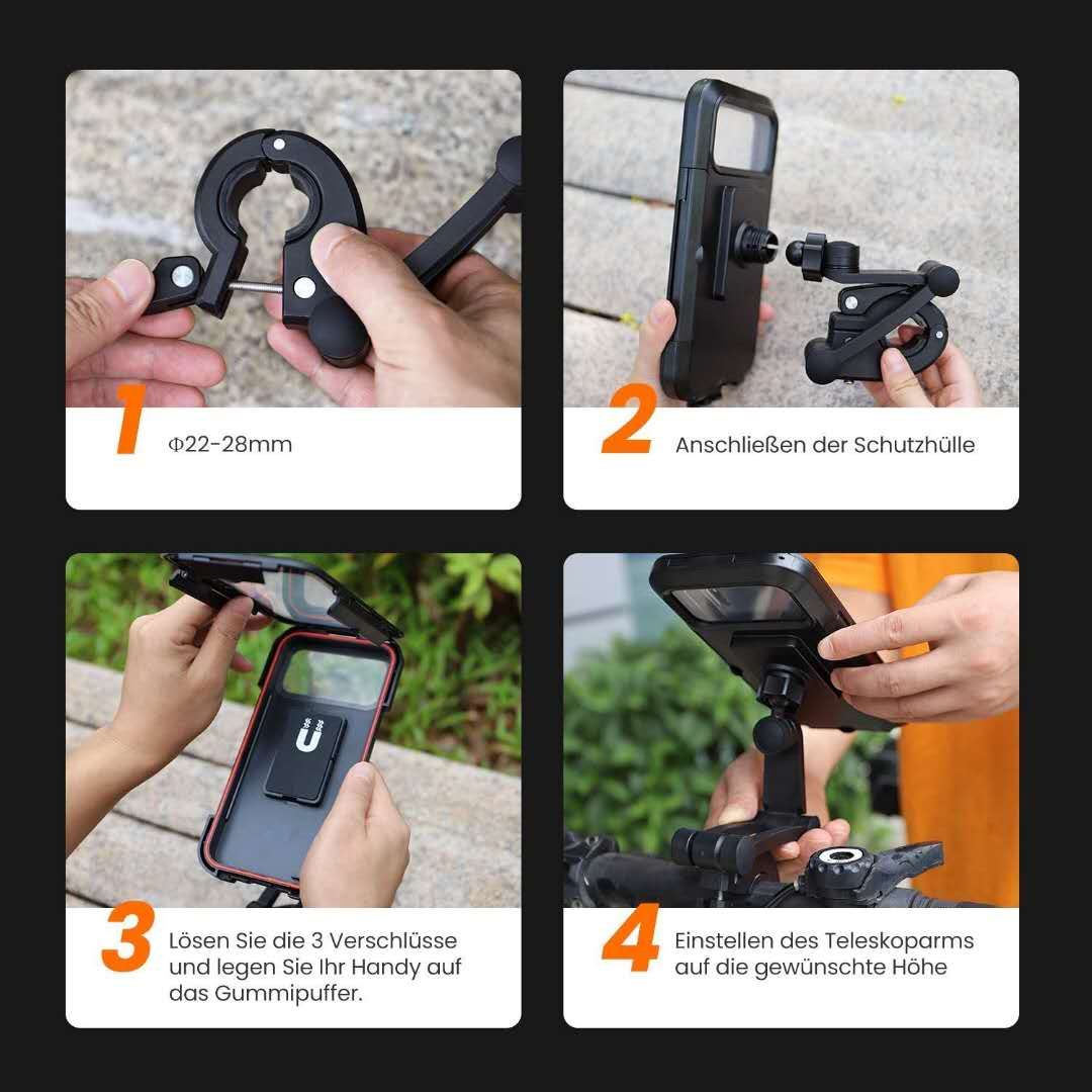 A waterproof bicycle mobile phone bracket securely holding a smartphone on a bike handlebar, showcasing its sturdy design and adjustable features.