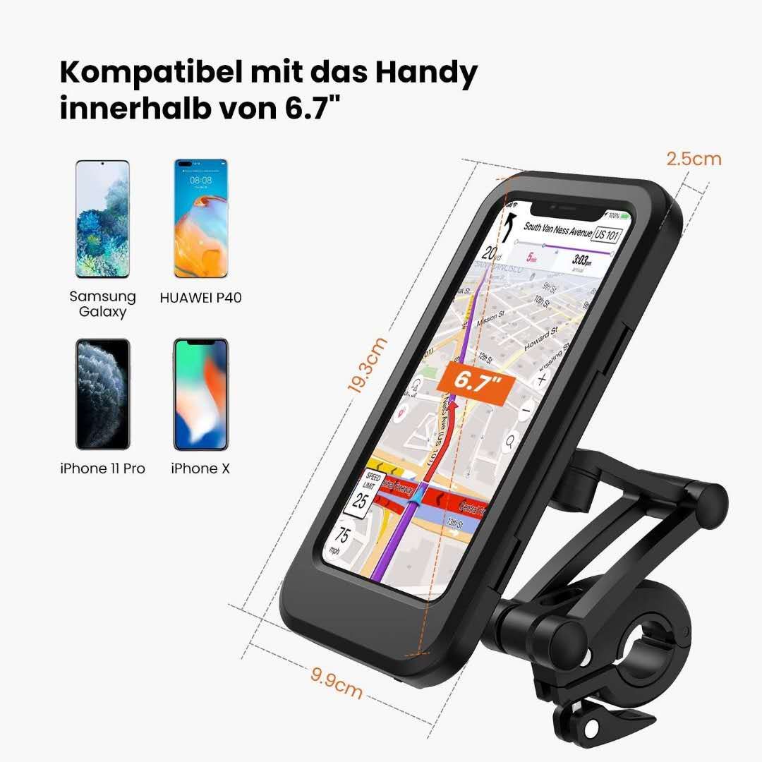 A waterproof bicycle mobile phone bracket securely holding a smartphone on a bike handlebar, showcasing its sturdy design and adjustable features.