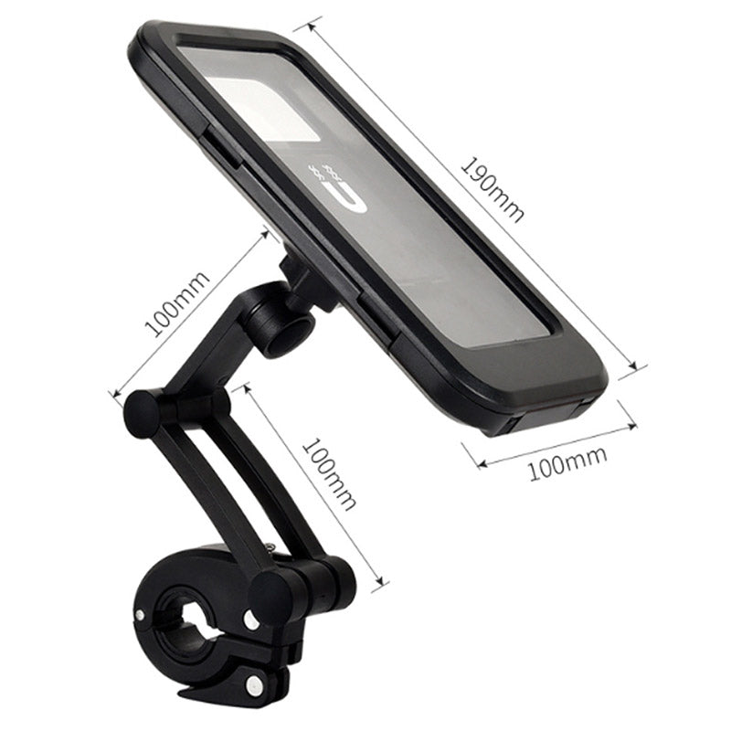 A waterproof bicycle mobile phone bracket securely holding a smartphone on a bike handlebar, showcasing its sturdy design and adjustable features.