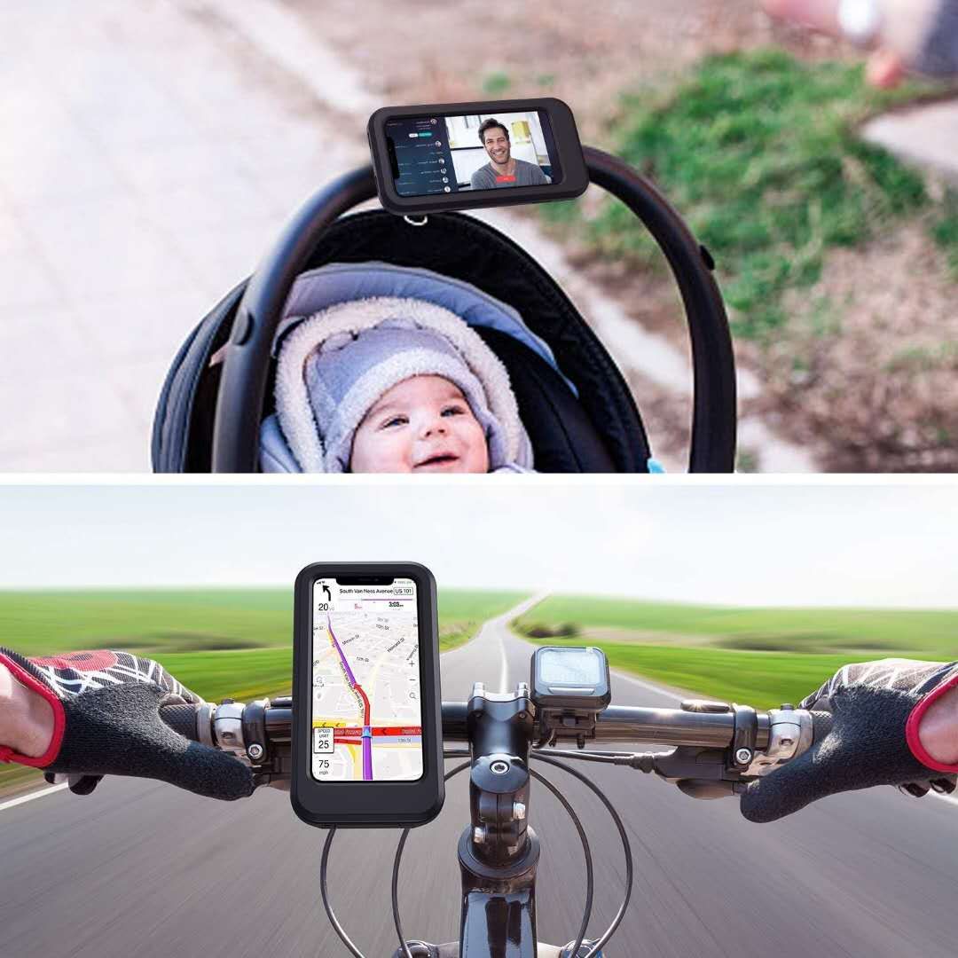 A waterproof bicycle mobile phone bracket securely holding a smartphone on a bike handlebar, showcasing its sturdy design and adjustable features.