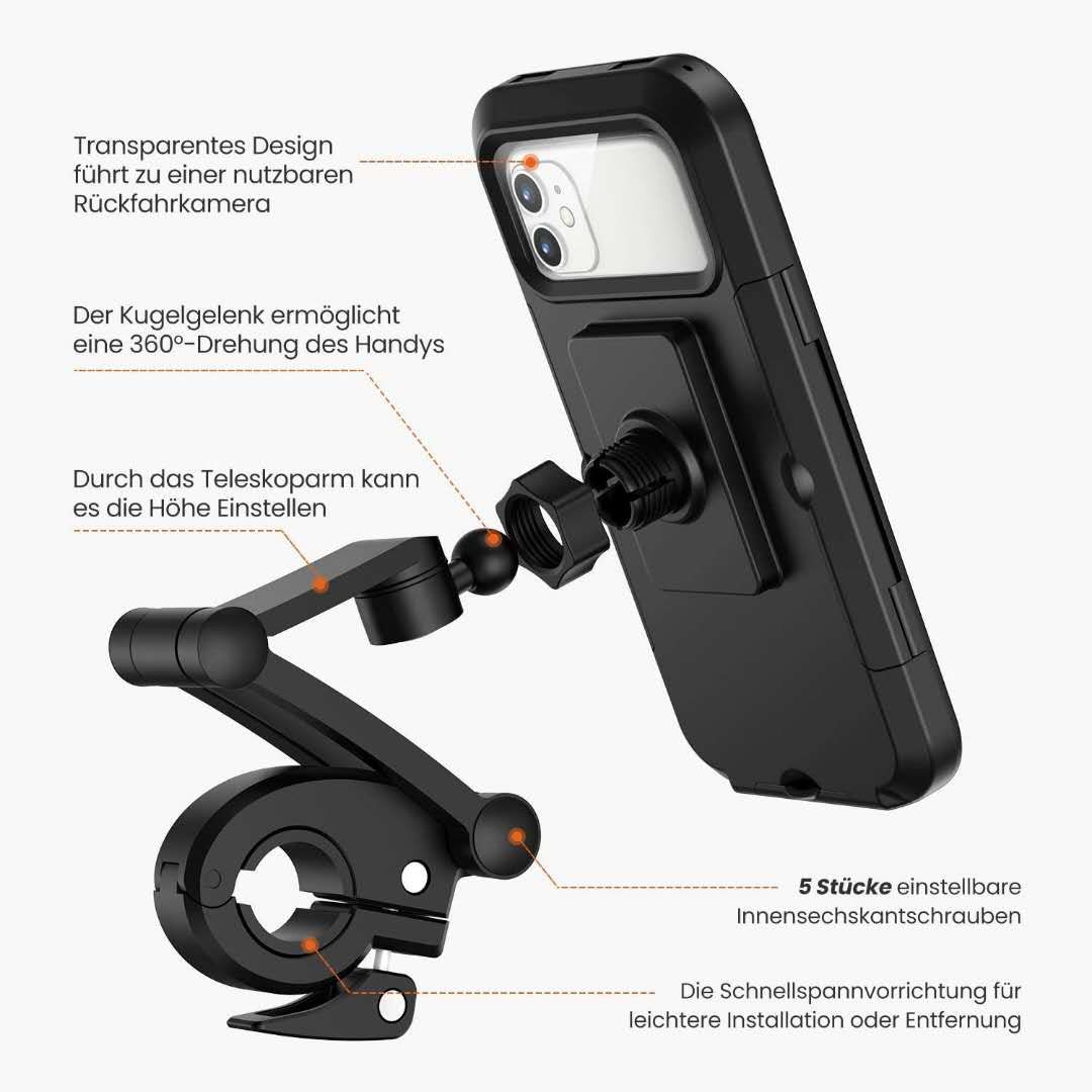 A waterproof bicycle mobile phone bracket securely holding a smartphone on a bike handlebar, showcasing its sturdy design and adjustable features.