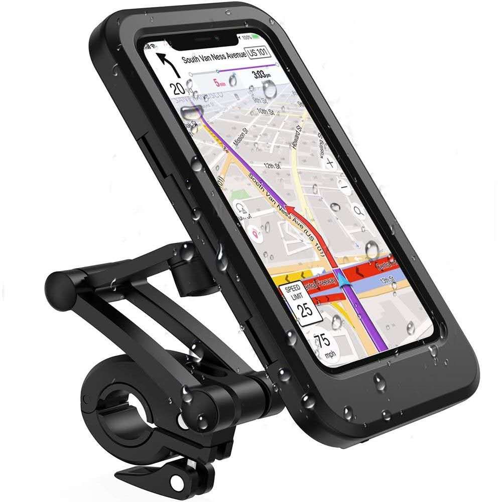 A waterproof bicycle mobile phone bracket securely holding a smartphone on a bike handlebar, showcasing its sturdy design and adjustable features.