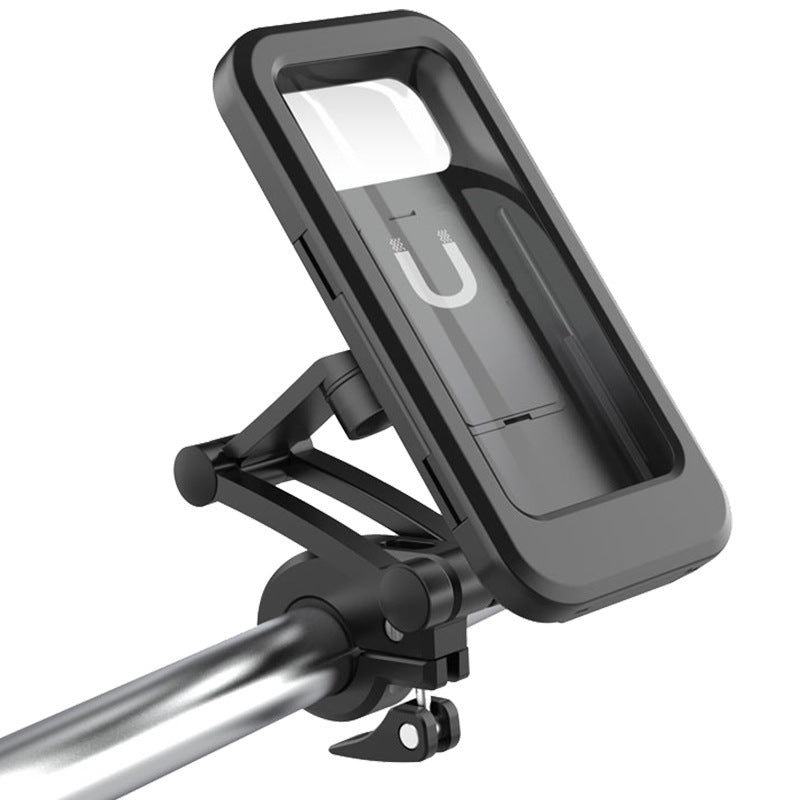 A waterproof bicycle mobile phone bracket securely holding a smartphone on a bike handlebar, showcasing its sturdy design and adjustable features.