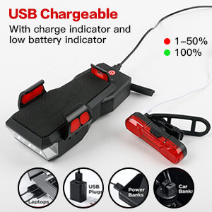 Bike LED Light 550LM with front and rear lights, USB rechargeable, featuring a 4000mAh power bank and IPX4 waterproof design.