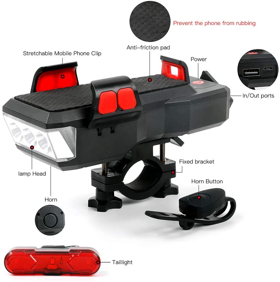 Bike LED Light 550LM with front and rear lights, USB rechargeable, featuring a 4000mAh power bank and IPX4 waterproof design.