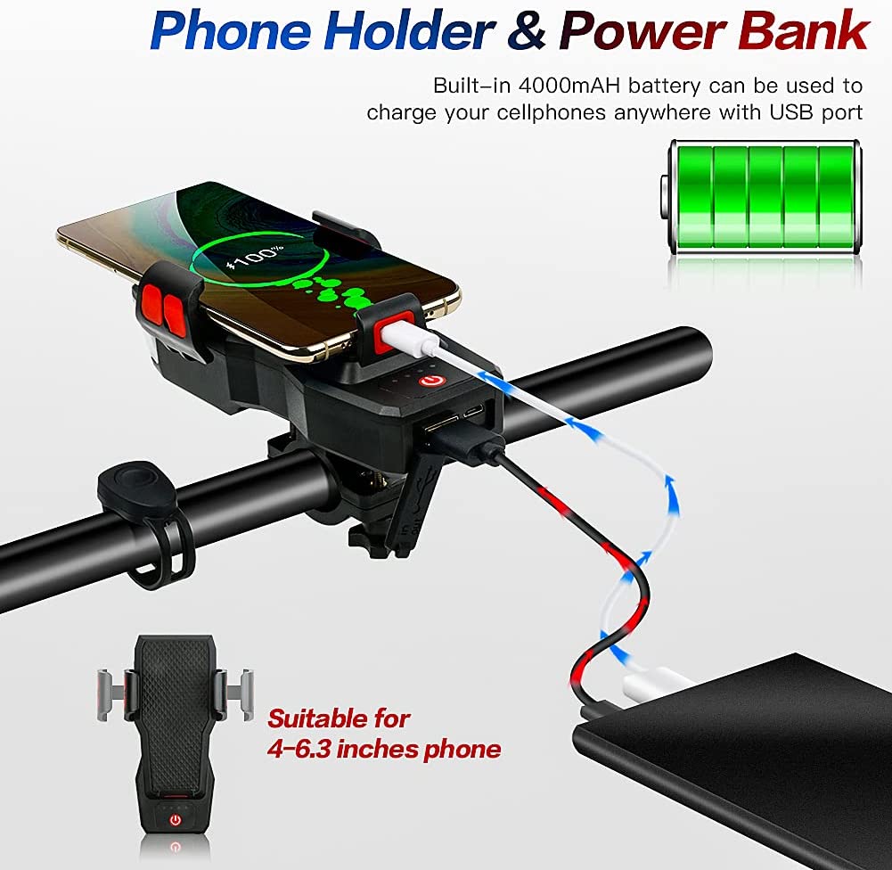 Bike LED Light 550LM with front and rear lights, USB rechargeable, featuring a 4000mAh power bank and IPX4 waterproof design.