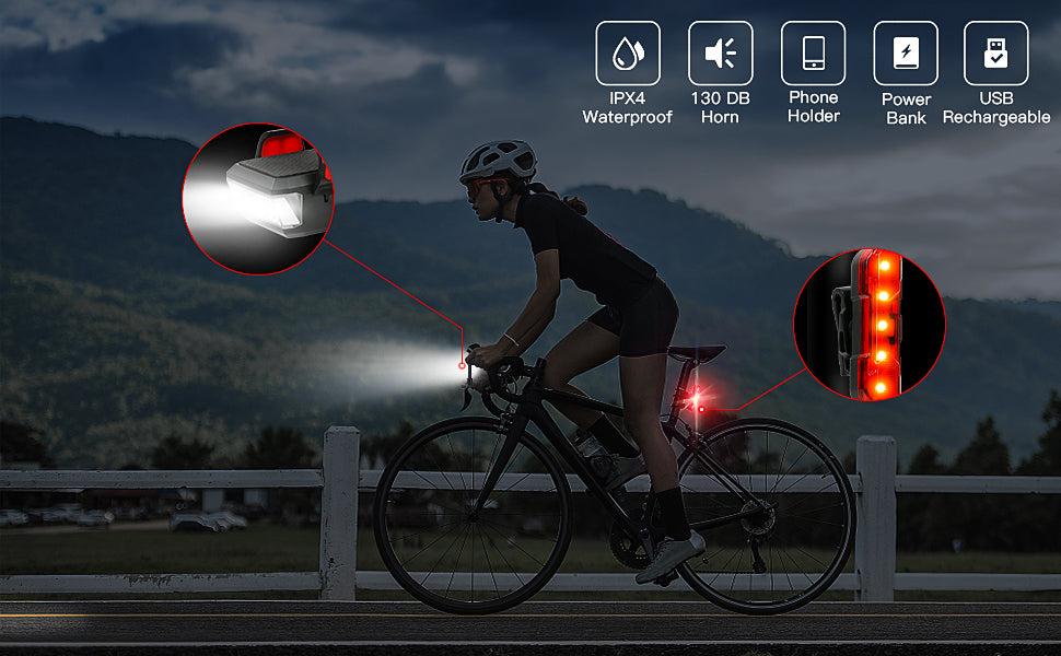 Bike LED Light 550LM with front and rear lights, USB rechargeable, featuring a 4000mAh power bank and IPX4 waterproof design.