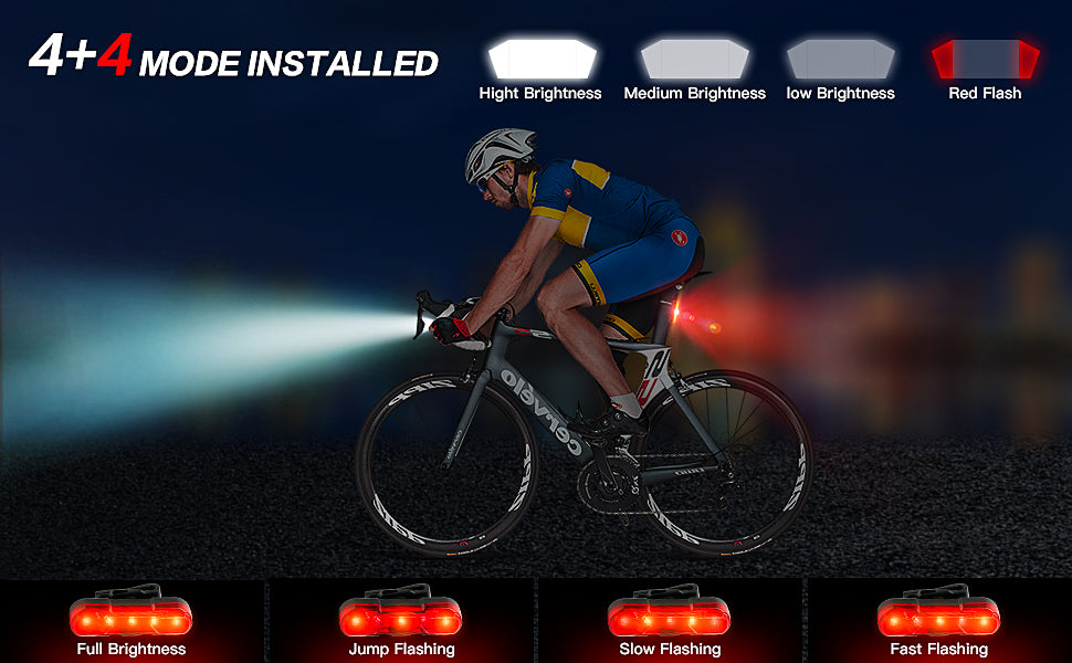 Bike LED Light 550LM with front and rear lights, USB rechargeable, featuring a 4000mAh power bank and IPX4 waterproof design.