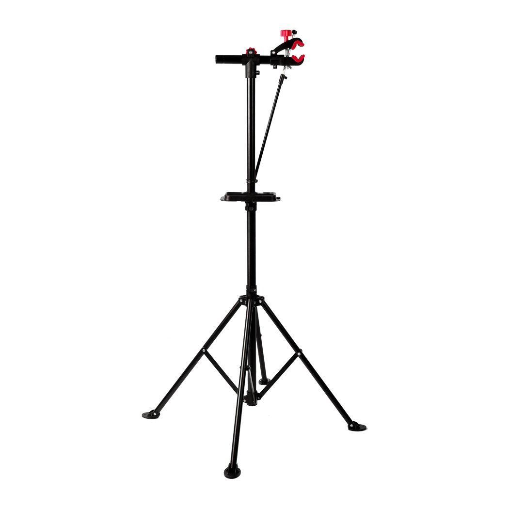 Ergonomic bike repair stand with tool tray, featuring a 360° swivel clamp and a sturdy four-legged base, ideal for home mechanics.