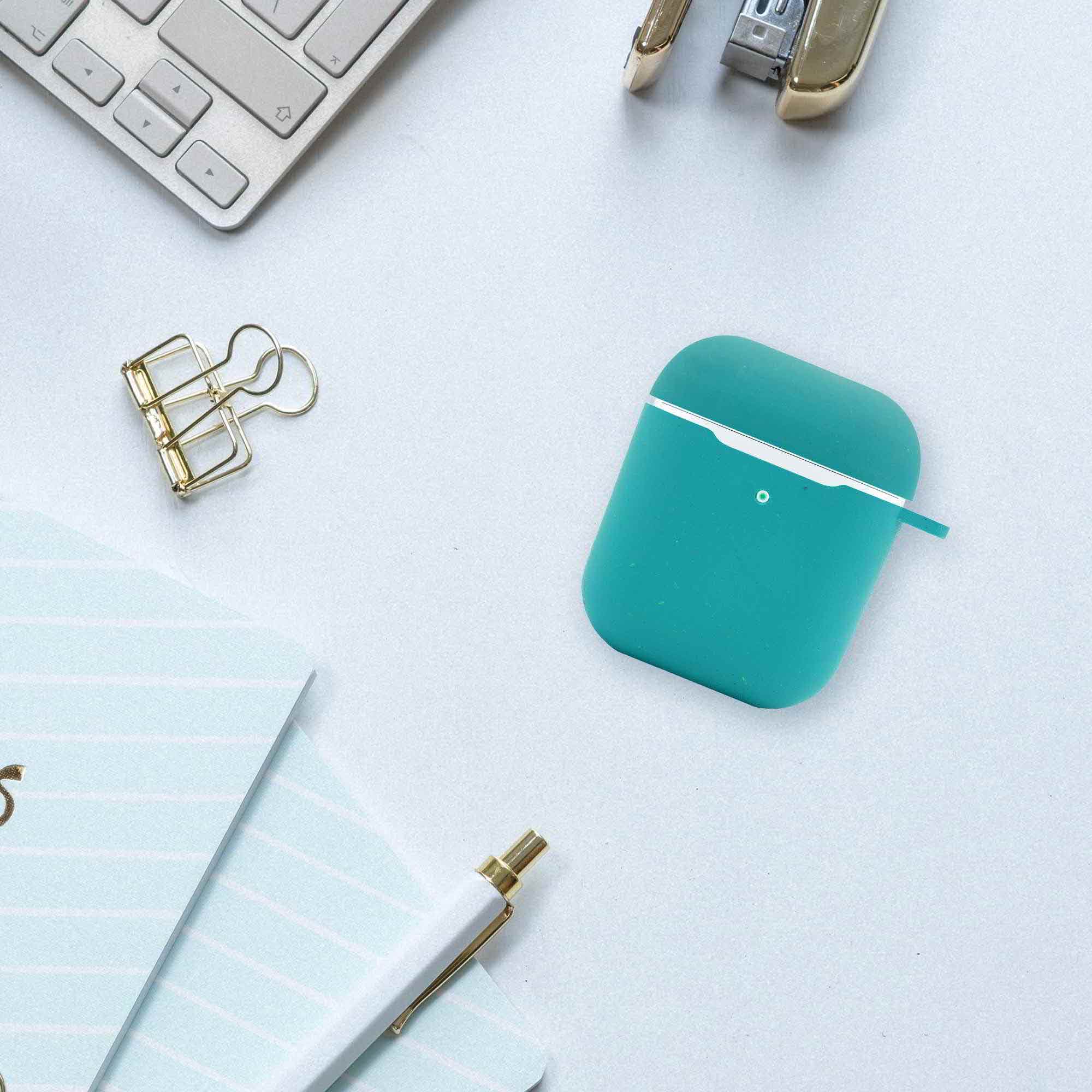 Biodegradable AirPods Case in Ocean Blue, showcasing its eco-friendly design and texture with a natural look.