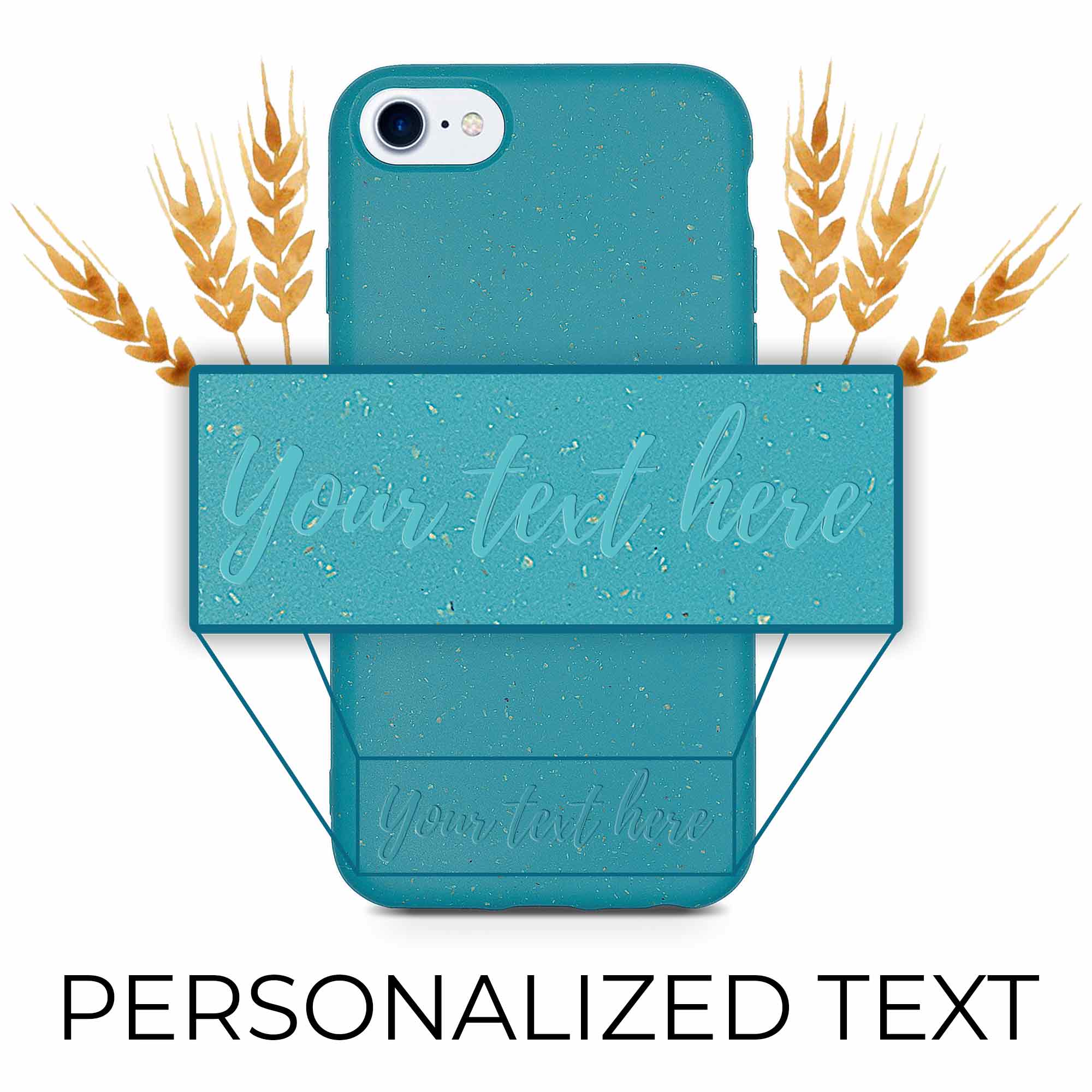 Biodegradable personalized phone case in ocean blue with unique text engraving, showcasing eco-friendly design and modern style.