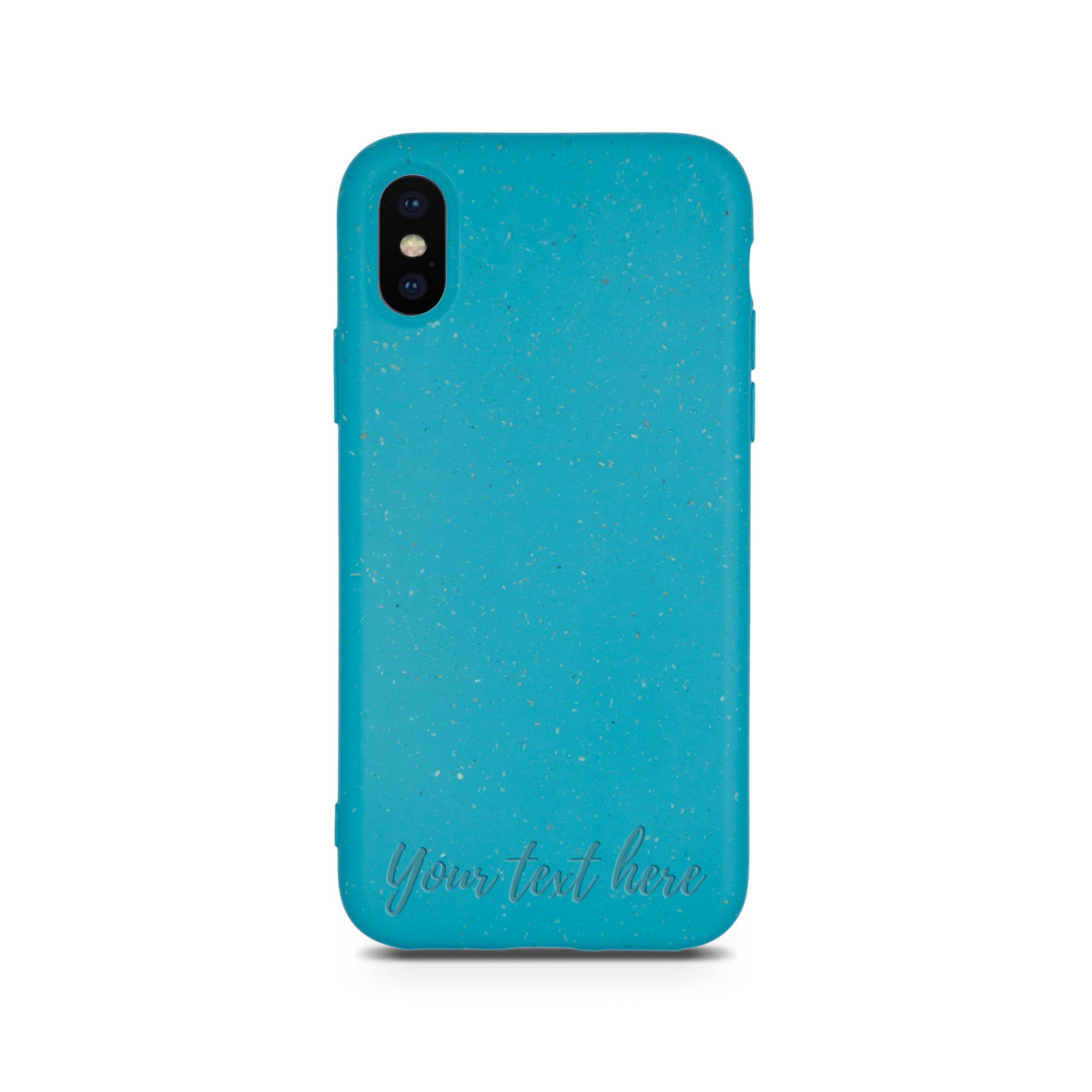 Biodegradable personalized phone case in ocean blue with unique text engraving, showcasing eco-friendly design and modern style.