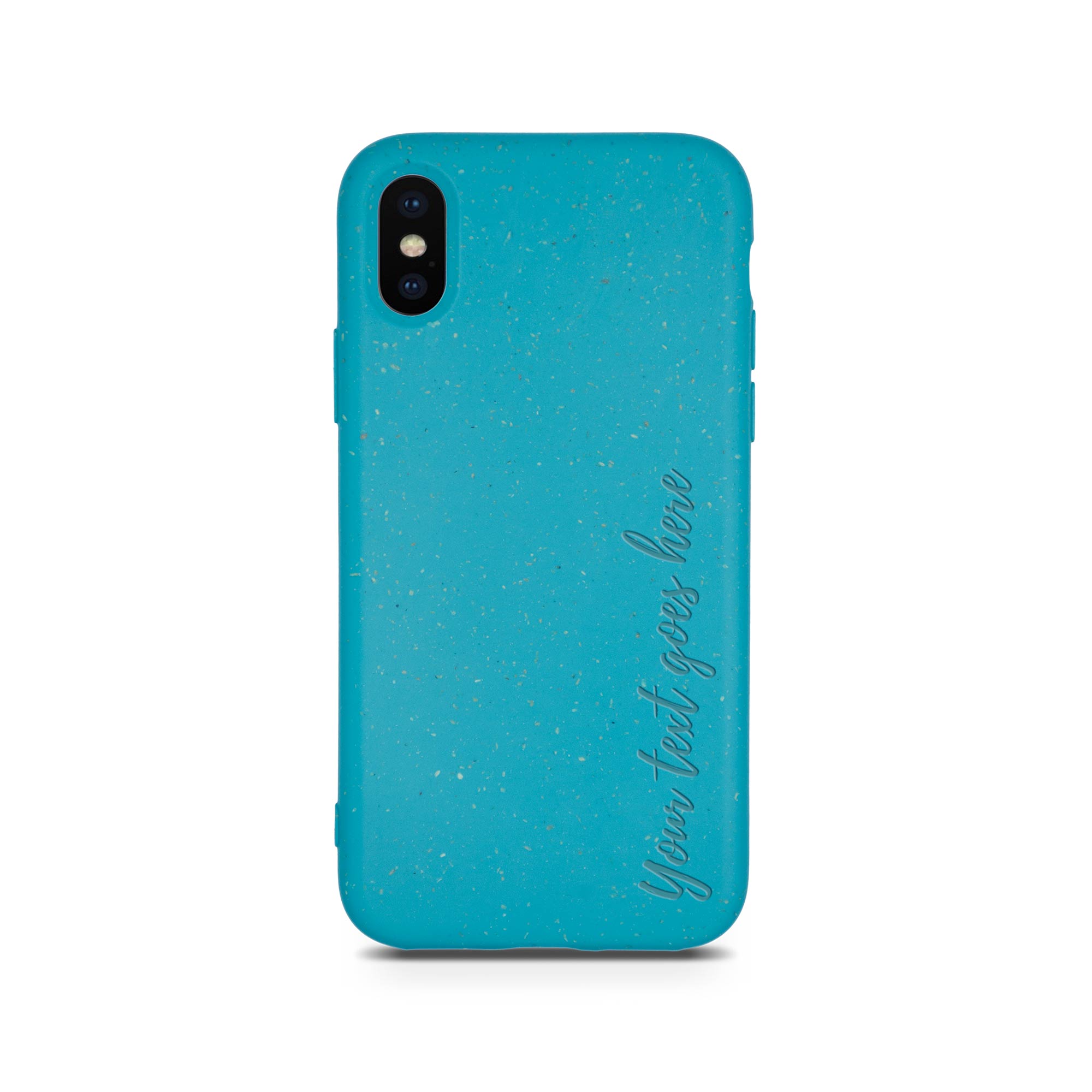 Biodegradable personalized phone case in ocean blue with unique text engraving, showcasing eco-friendly design and modern style.