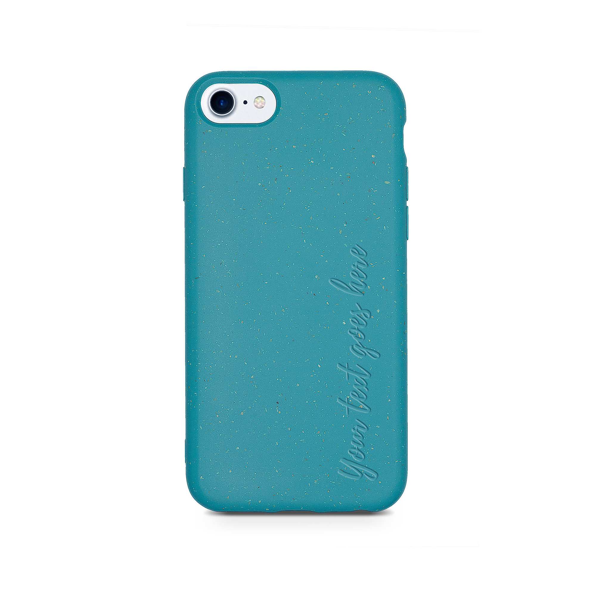 Biodegradable personalized phone case in ocean blue with unique text engraving, showcasing eco-friendly design and modern style.