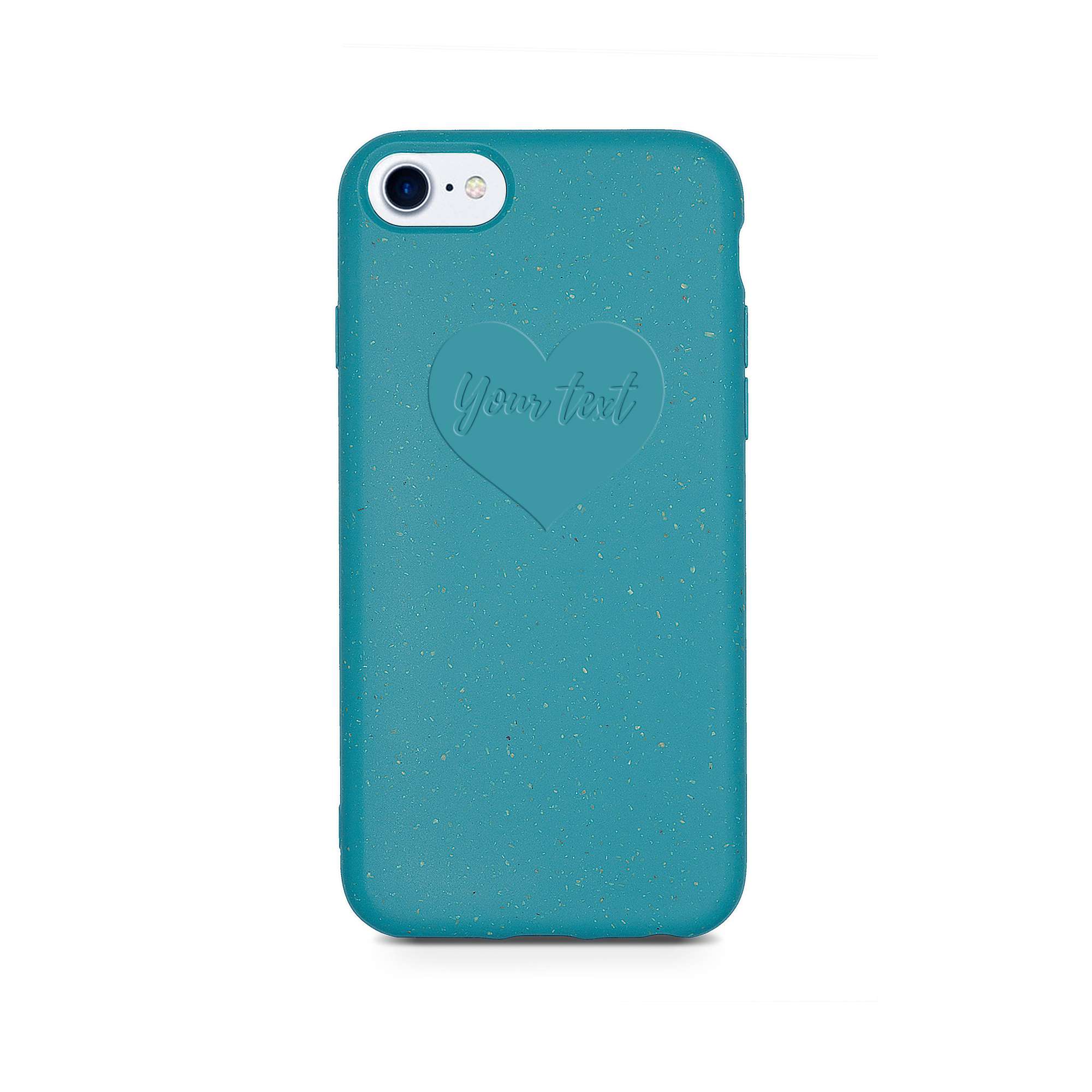 Biodegradable personalized phone case in ocean blue with unique text engraving, showcasing eco-friendly design and modern style.