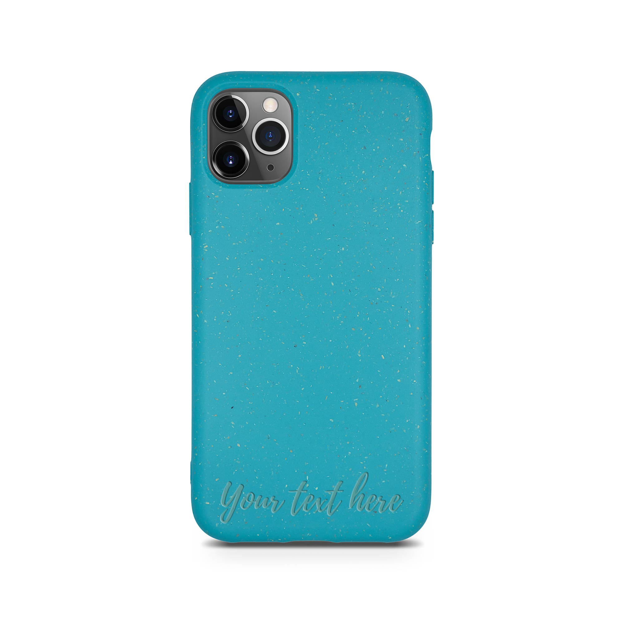 Biodegradable personalized phone case in ocean blue with unique text engraving, showcasing eco-friendly design and modern style.