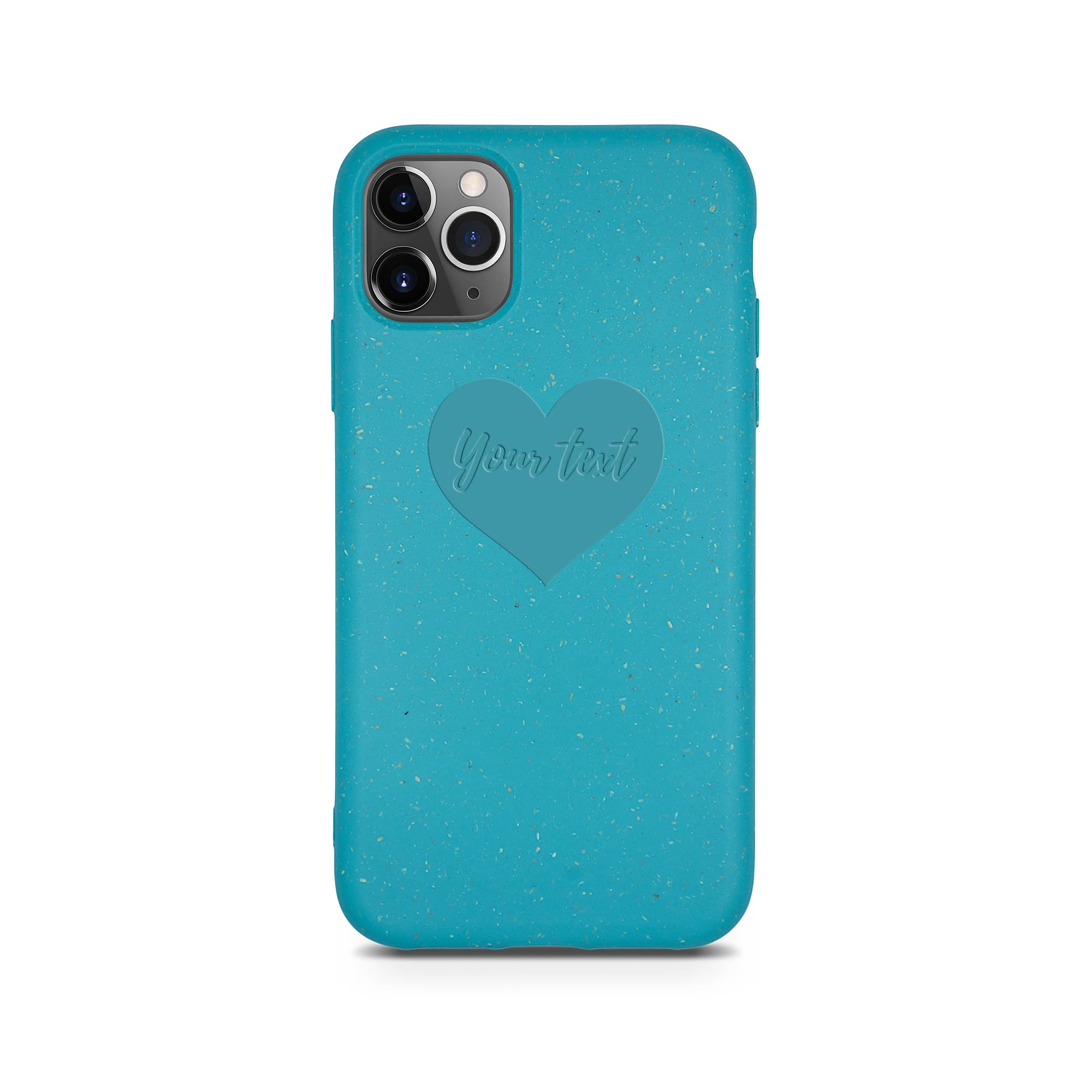 Biodegradable personalized phone case in ocean blue with unique text engraving, showcasing eco-friendly design and modern style.